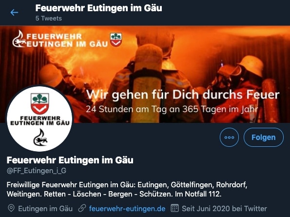 Twitter-Profil der Feuerwehr Eutingen im Gäu